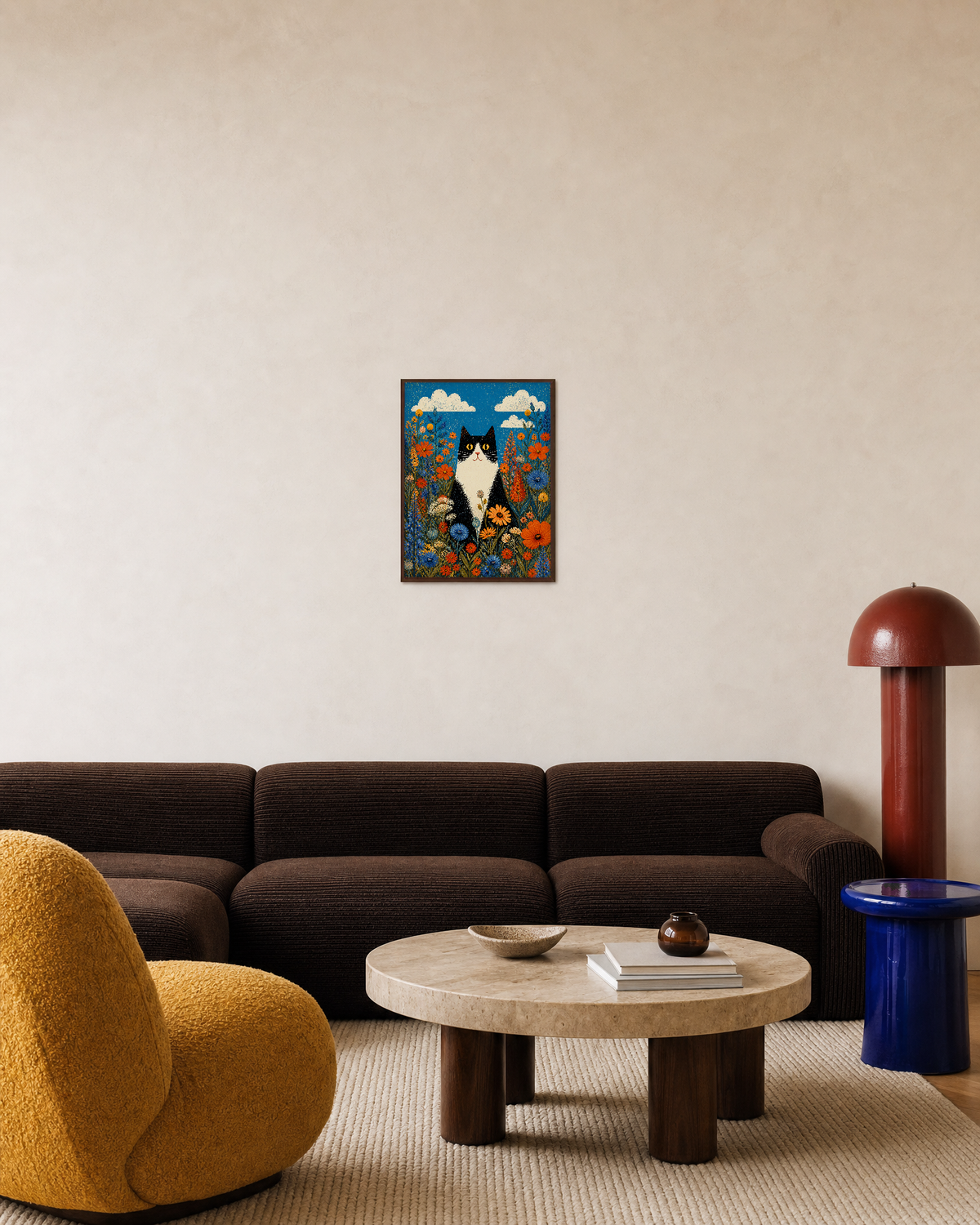 Meadow Cat cat prints: unframed print is shown framed for styling in a living room; frame not included