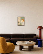 Orange Cat Tub unframed print is shown framed for styling in a living room; frame not included
