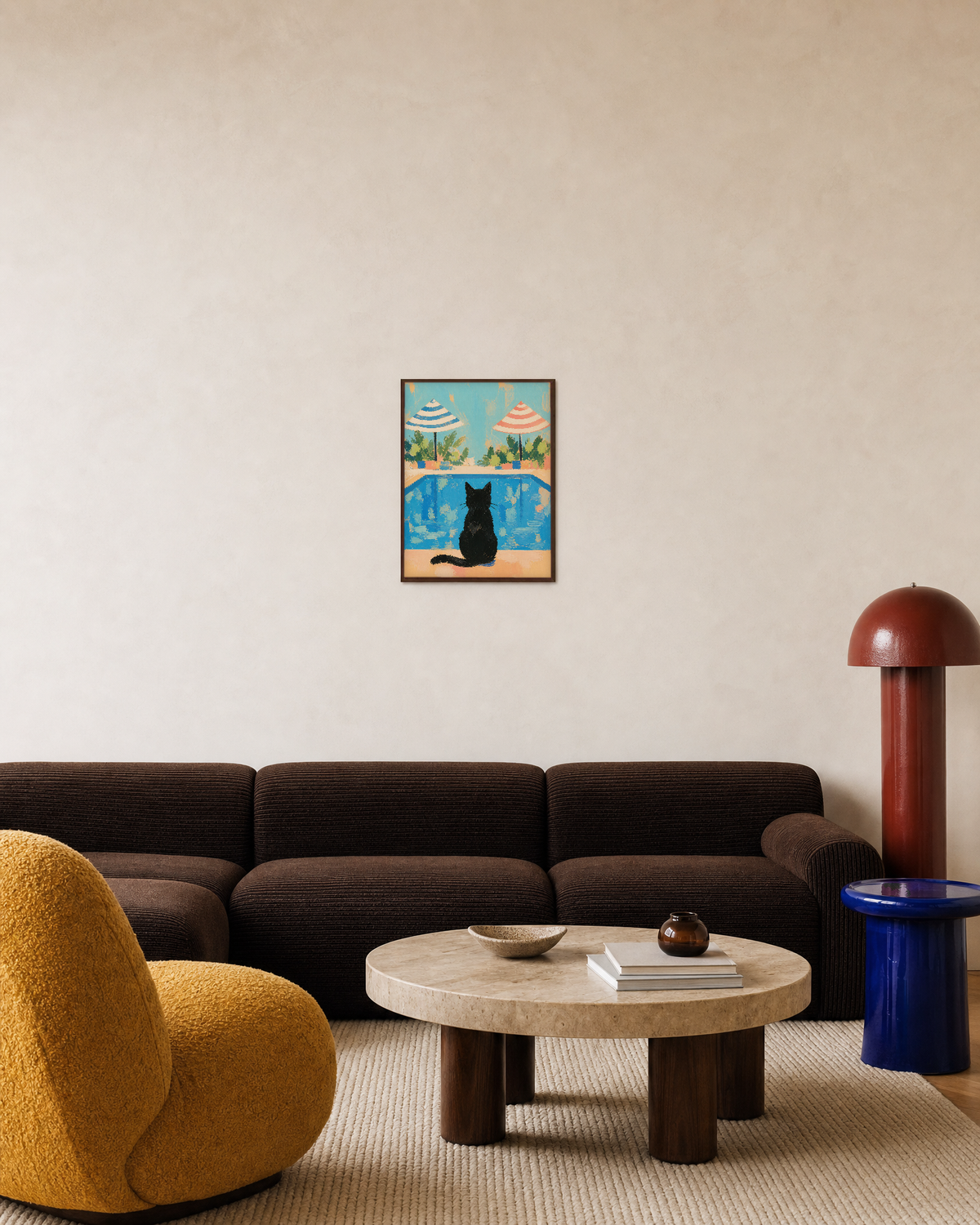 Poolside Cat pool cat print: unframed print is shown framed for styling in a living room; frame not included