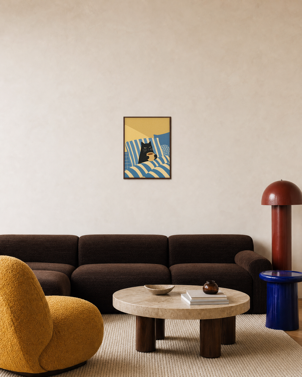 Black Cat Morning Mug unframed print is shown framed for styling in a living room; frame not included
