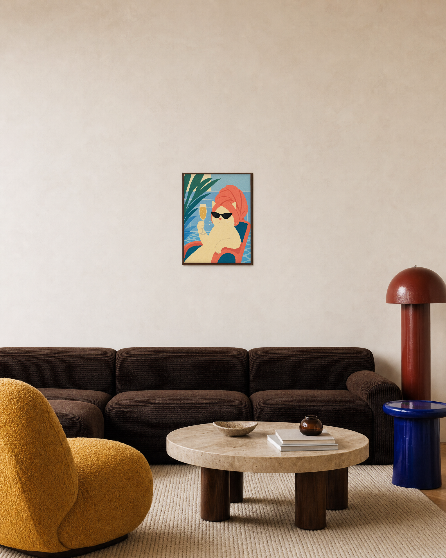 Cream Cat Spa Glass unframed print is shown framed for styling in a living room; frame not included