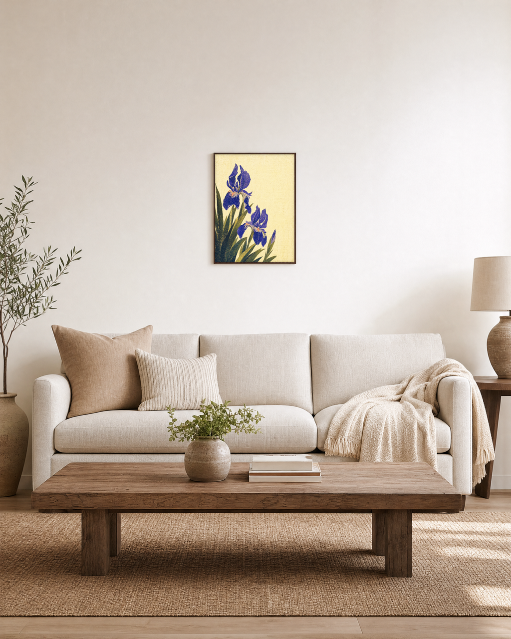 Blue Folk Stem unframed print is shown framed for styling in a living room; frame not included