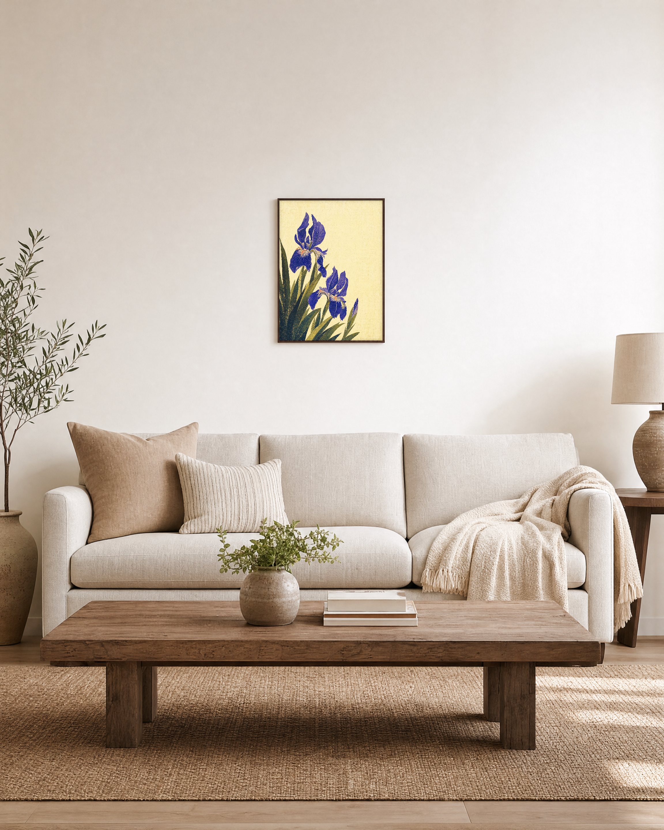 Blue Folk Stem unframed print is shown framed for styling in a living room; frame not included