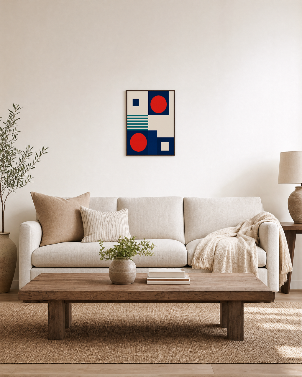 Signal Pair red disc teal wall art: unframed print is shown framed for styling in a living room; frame not included