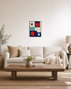 Signal Pair red disc teal wall art: unframed print is shown framed for styling in a living room; frame not included