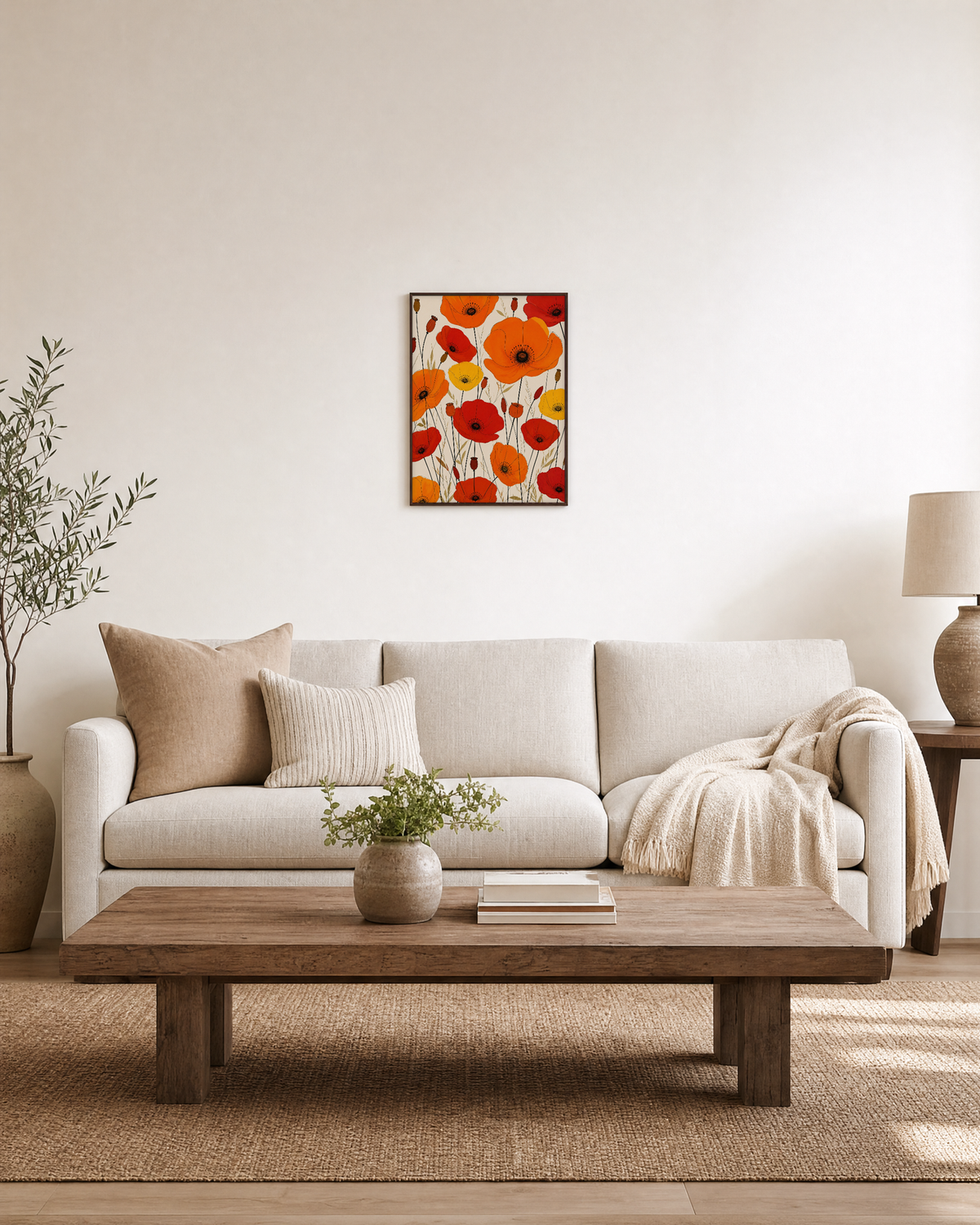 Meadow Scatter poppy meadow scatter wall art: unframed print is shown framed for styling in a living room; frame not included