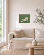 Morning Dalmatian dalmatian wall art: unframed print is shown framed for styling in a living room; frame not included