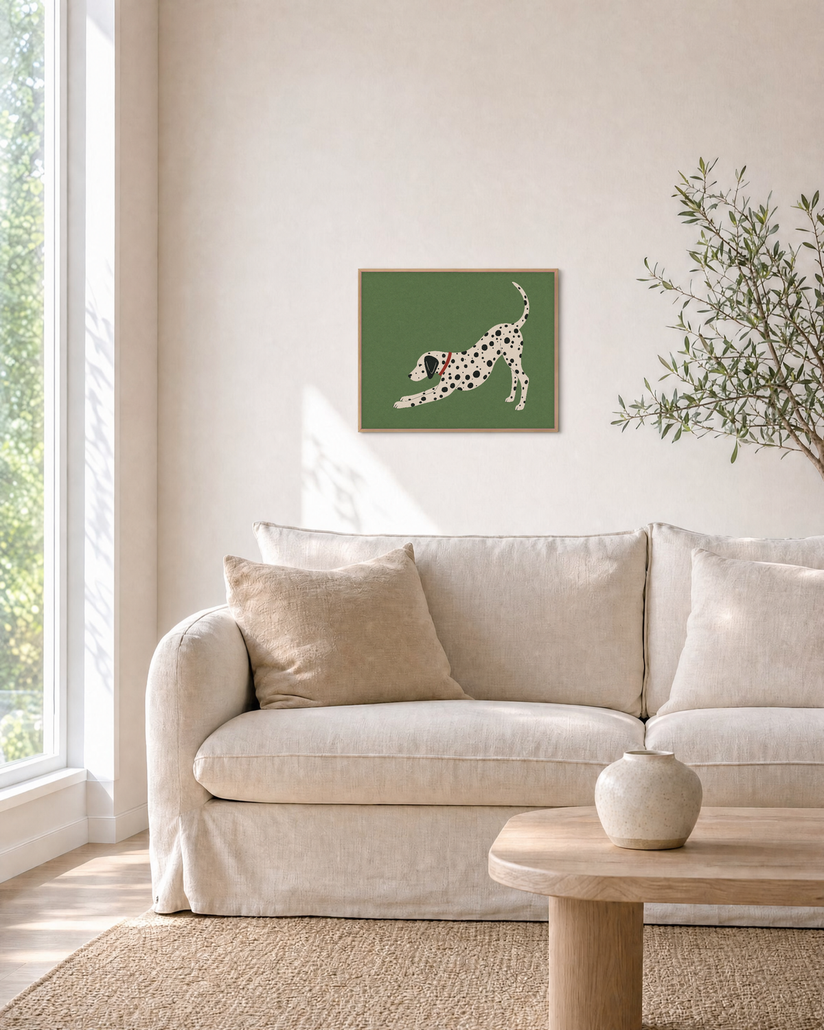 Morning Dalmatian dalmatian wall art: unframed print is shown framed for styling in a living room; frame not included