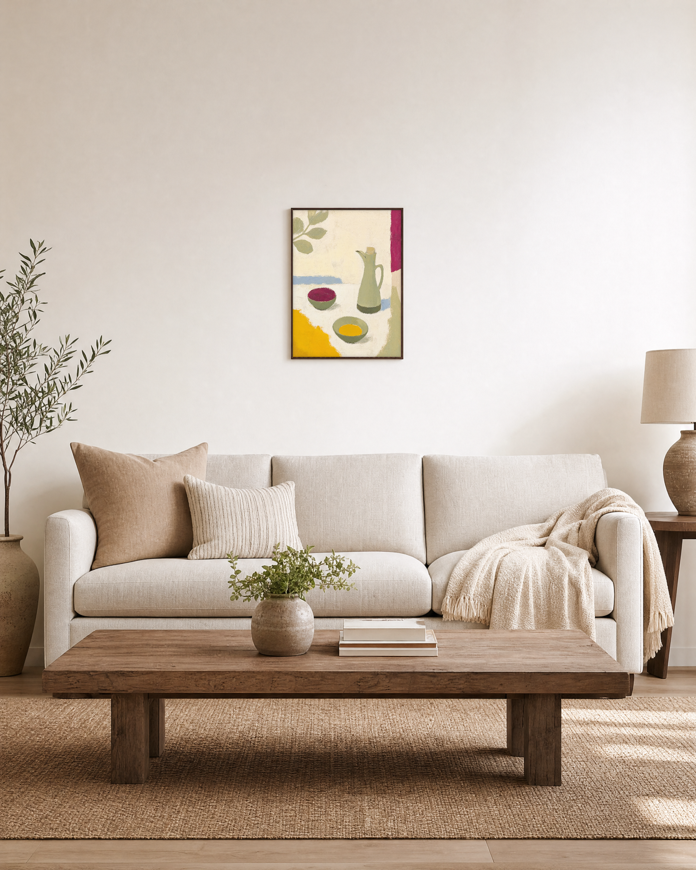 Oil Pourer Table unframed print is shown framed for styling in a living room; frame not included
