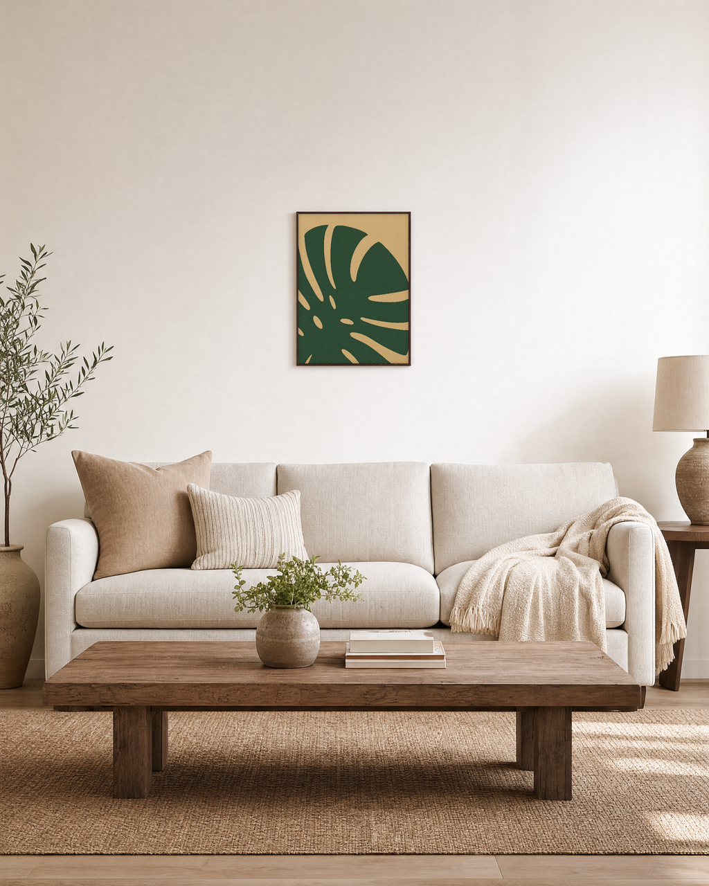 Monstera Cut monstera leaf wall art: unframed print is shown framed for styling in a living room; frame not included