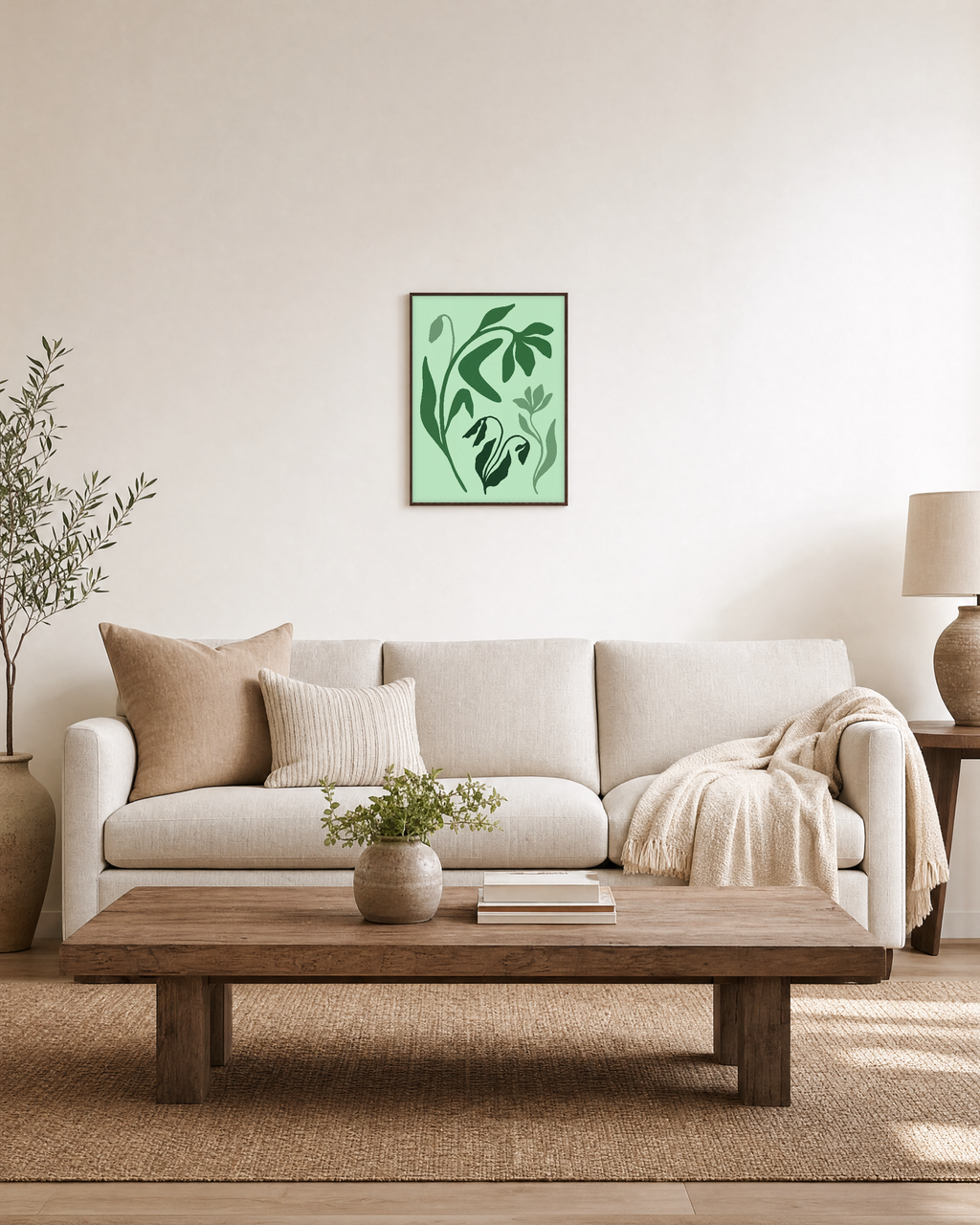 Green Wildflower unframed print is shown framed for styling in a living room; frame not included
