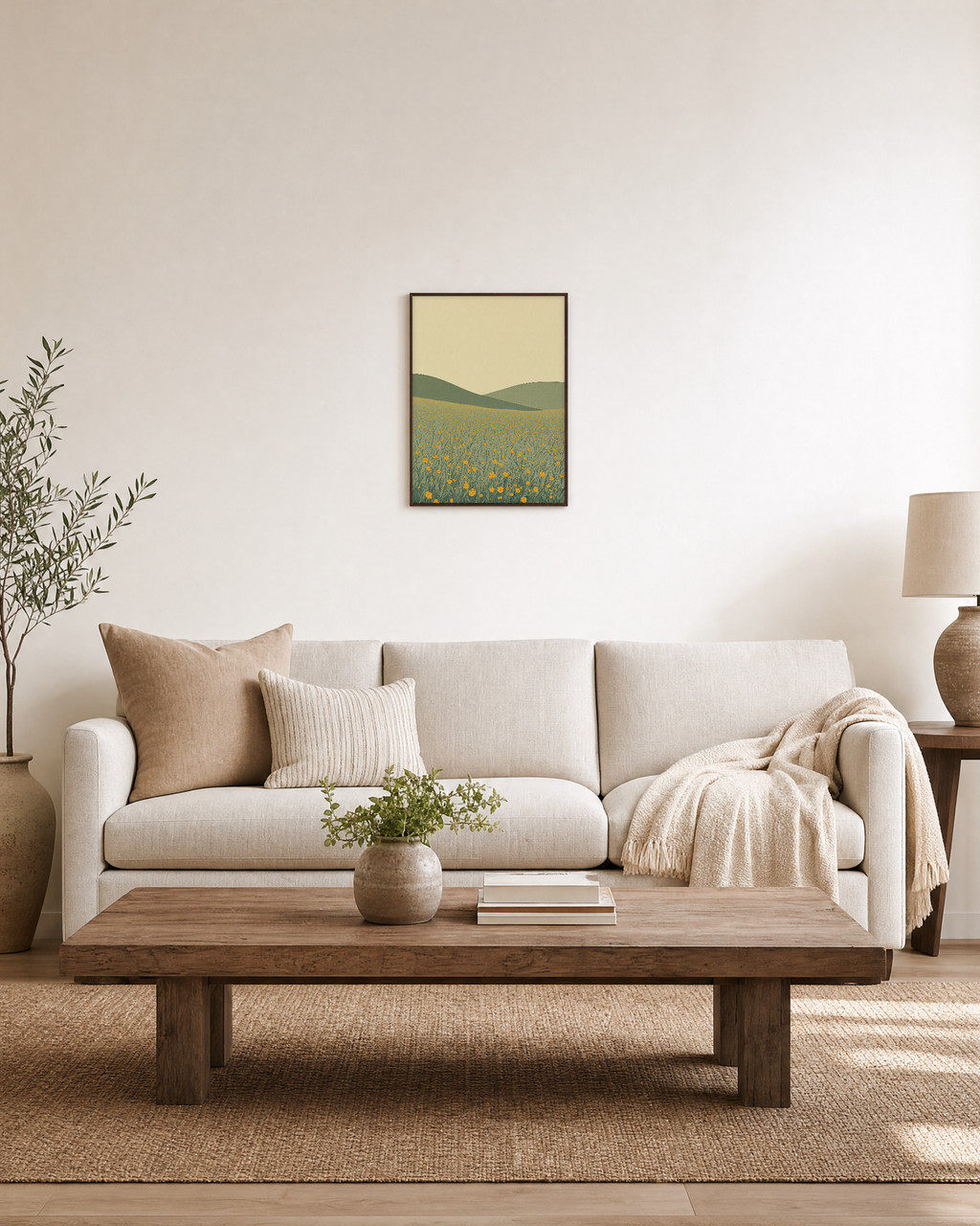 Wildflower Hour wall art wildflowers print: unframed print is shown framed for styling in a living room; frame not included