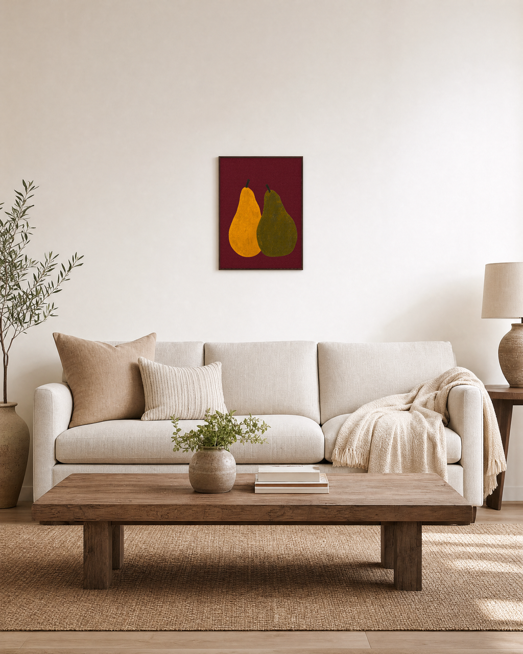 Wine Pears wine pear wall art: unframed print is shown framed for styling in a living room; frame not included