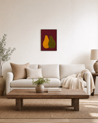 Wine Pears wine pear wall art: unframed print is shown framed for styling in a living room; frame not included