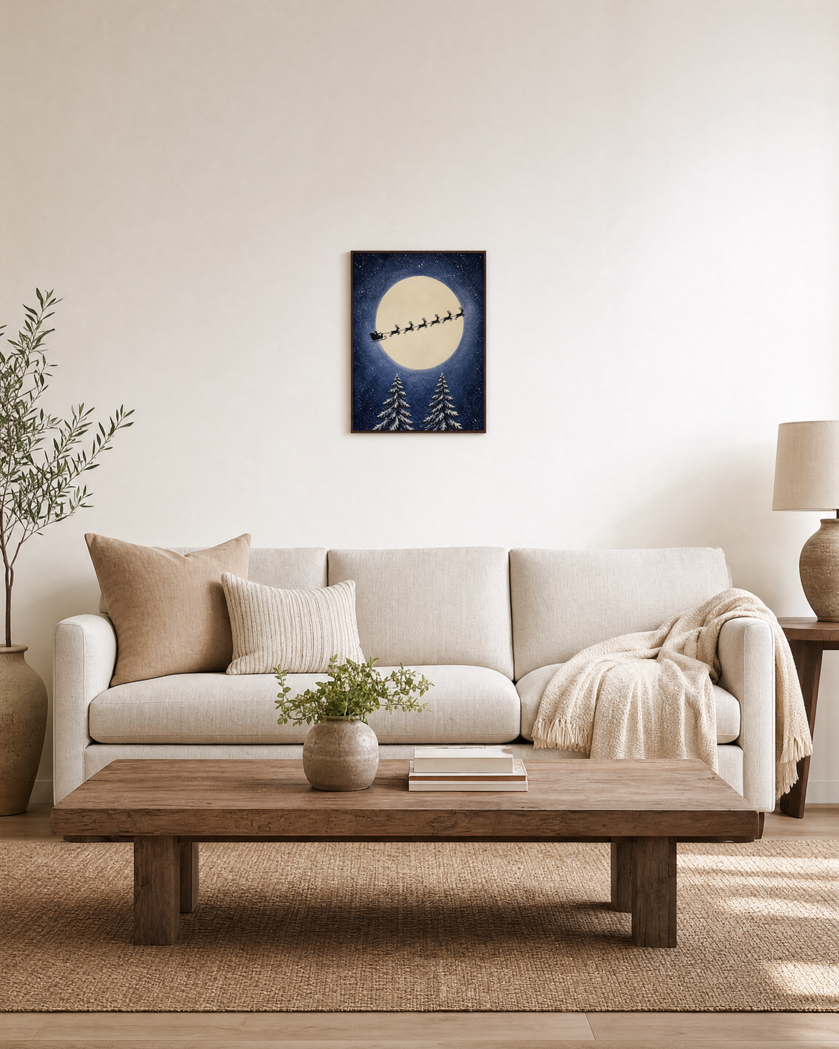 Midnight Sleigh moon sleigh print: unframed print is shown framed for styling in a living room; frame not included