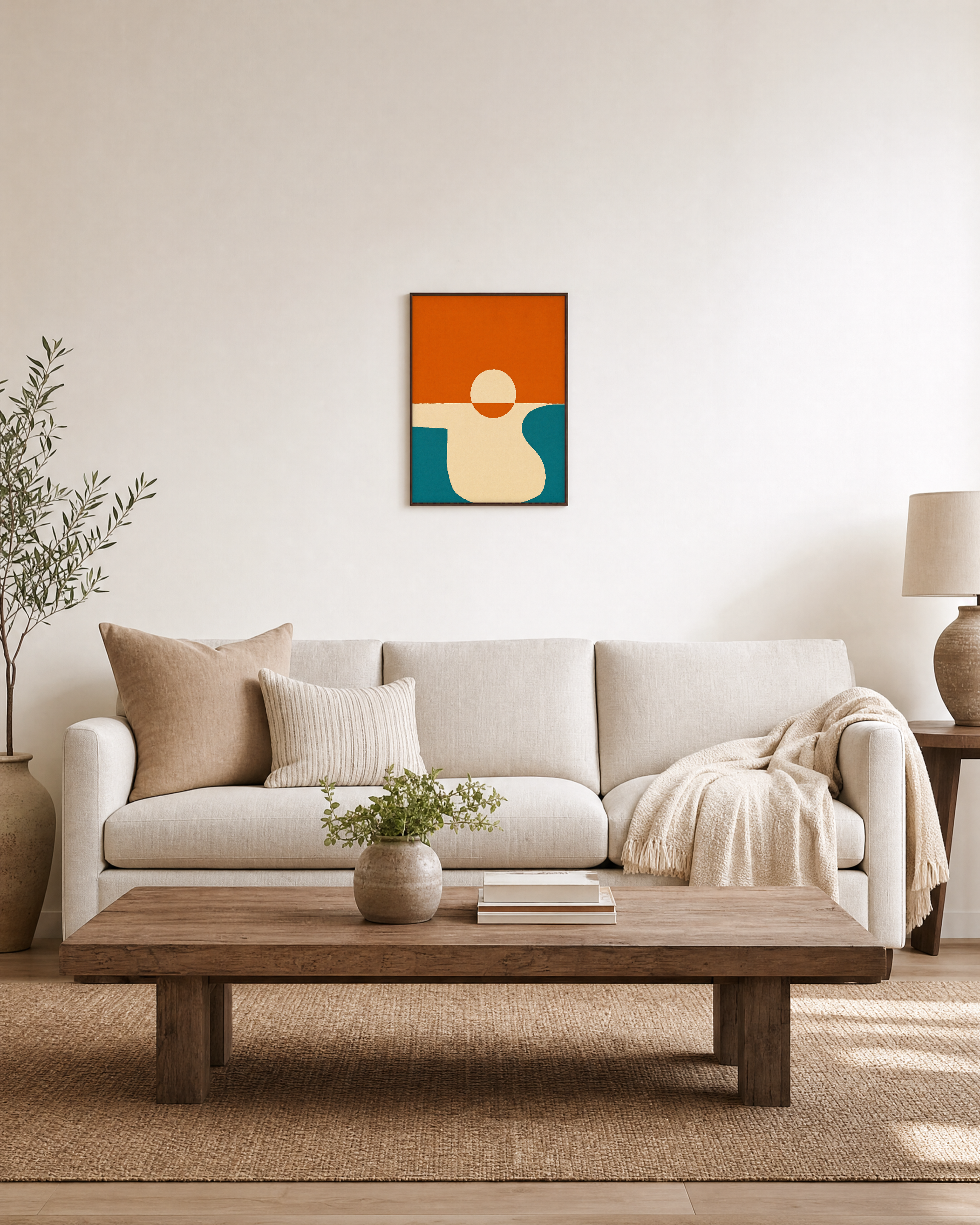 Horizon Sun unframed print is shown framed for styling in a living room; frame not included
