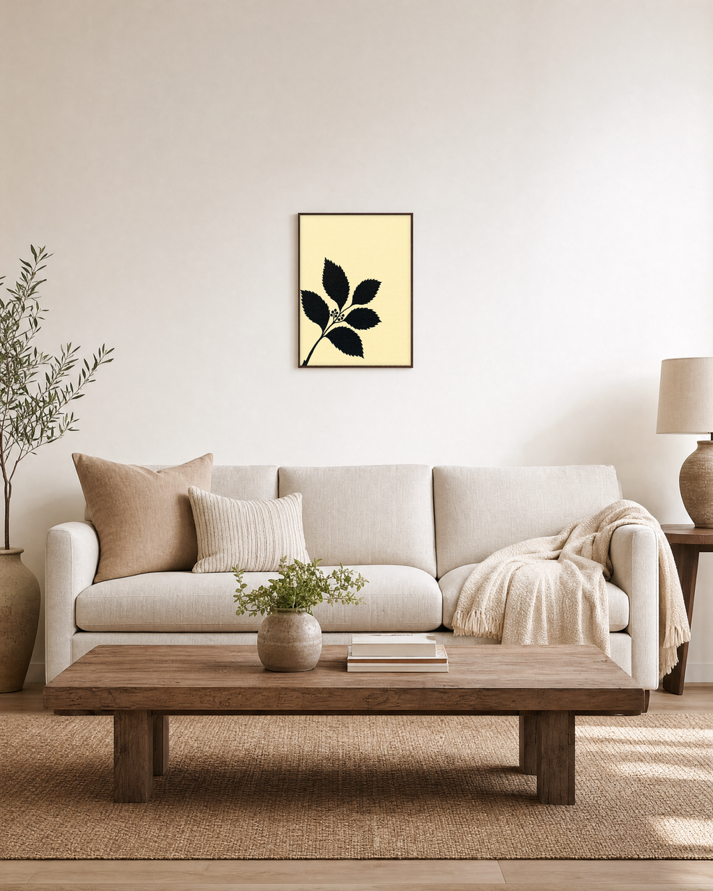 Black Leaf Sprig unframed print is shown framed for styling in a living room; frame not included