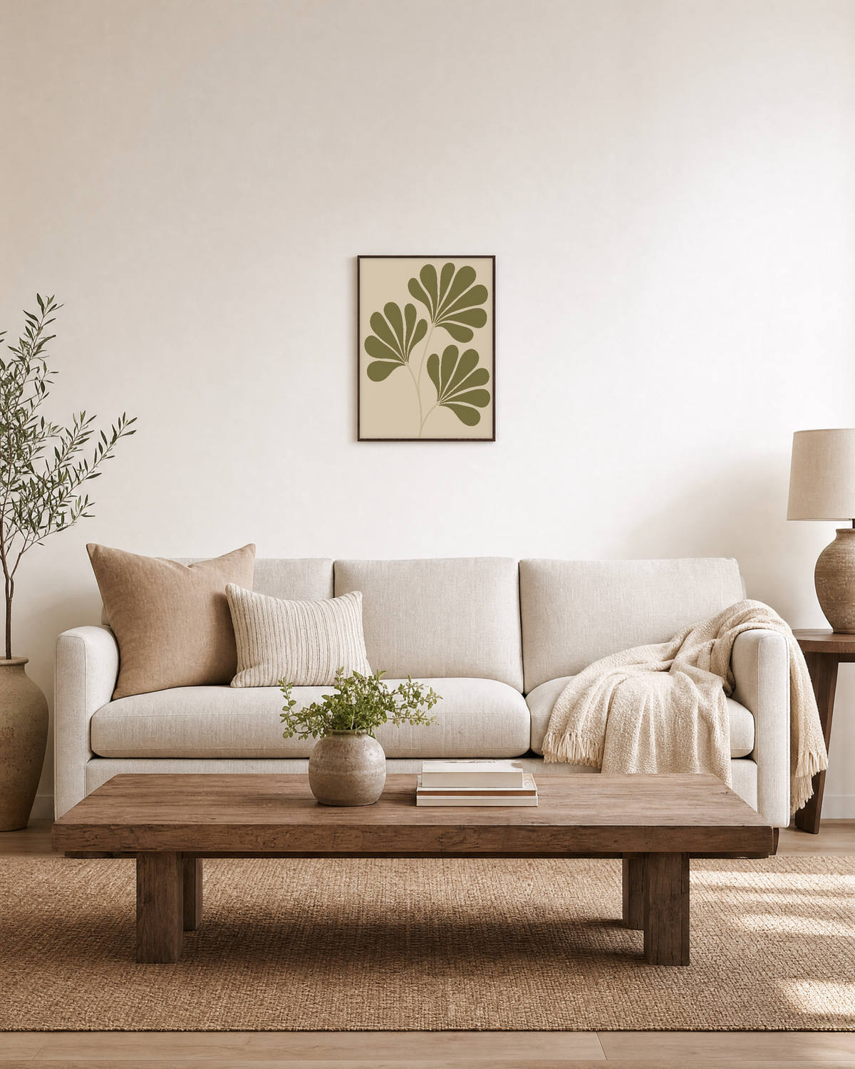 Leaf Crown sage leaf fan wall art: unframed print is shown framed for styling in a living room; frame not included