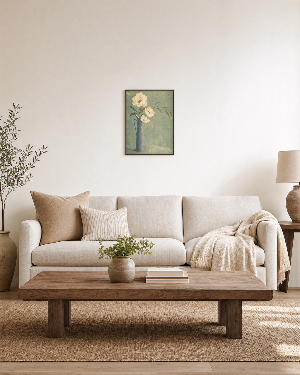 Ivory Pitcher Blooms Press edition unframed print is shown framed for styling in a living room; Frame not included