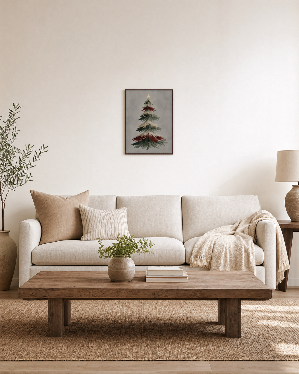 Ribbon Pine ribbon pine print: unframed print is shown framed for styling in a living room; frame not included