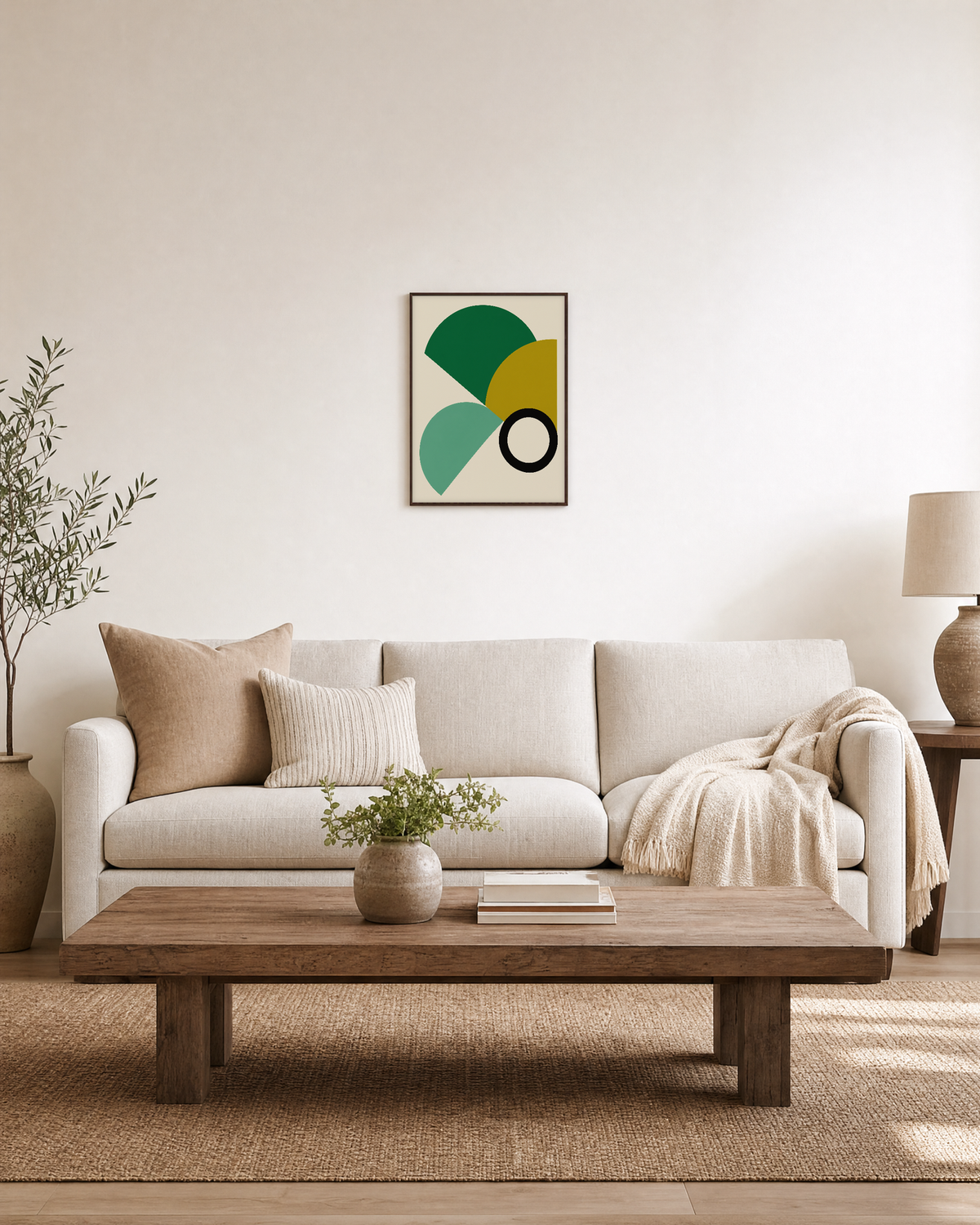 Module Study half disc module wall art: unframed print is shown framed for styling in a living room; frame not included