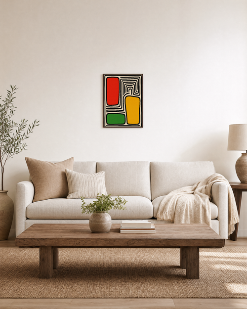 Block Shift contour block wall art: unframed print is shown framed for styling in a living room; frame not included