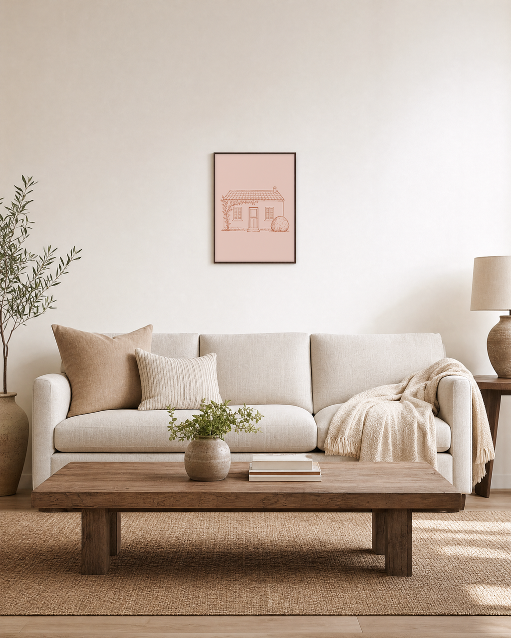 Rust Line Cottage line drawing wall art: unframed print is shown framed for styling in a living room; frame not included