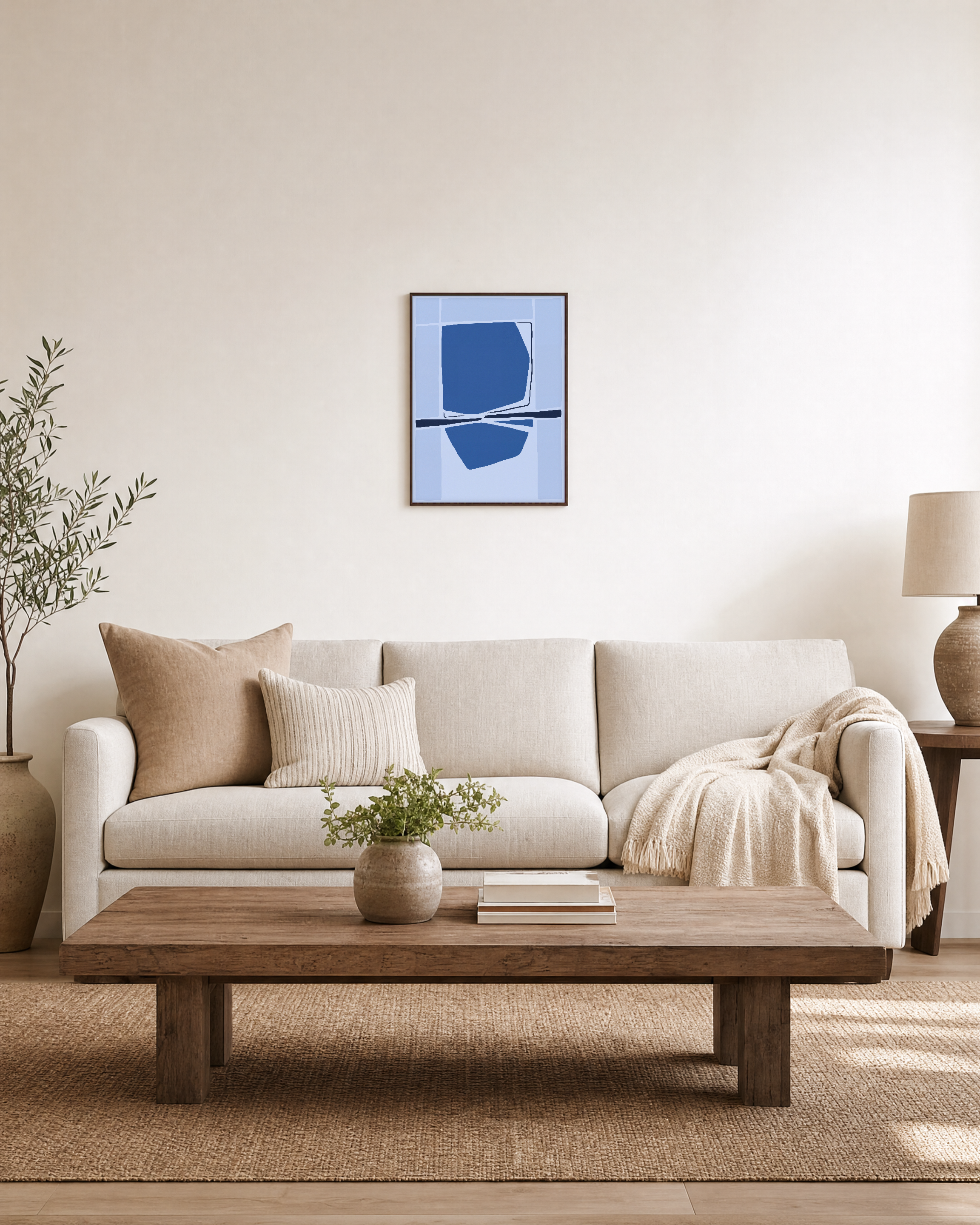 Azure Reflection unframed print is shown framed for styling in a living room; frame not included