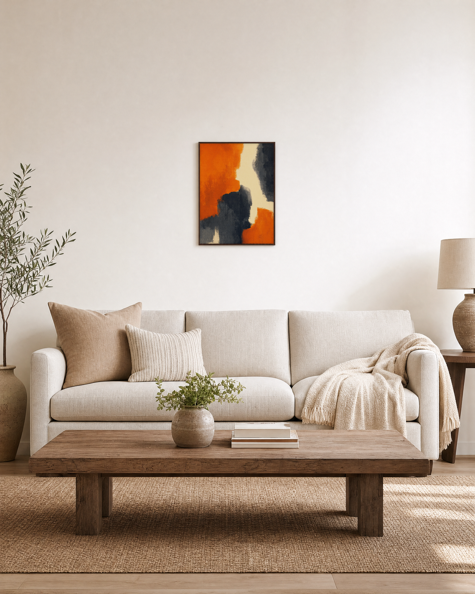 Orange Cliff Cut unframed print is shown framed for styling in a living room; frame not included