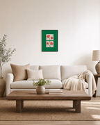 Bloom Windows coral bloom green wall art: unframed print is shown framed for styling in a living room; frame not included