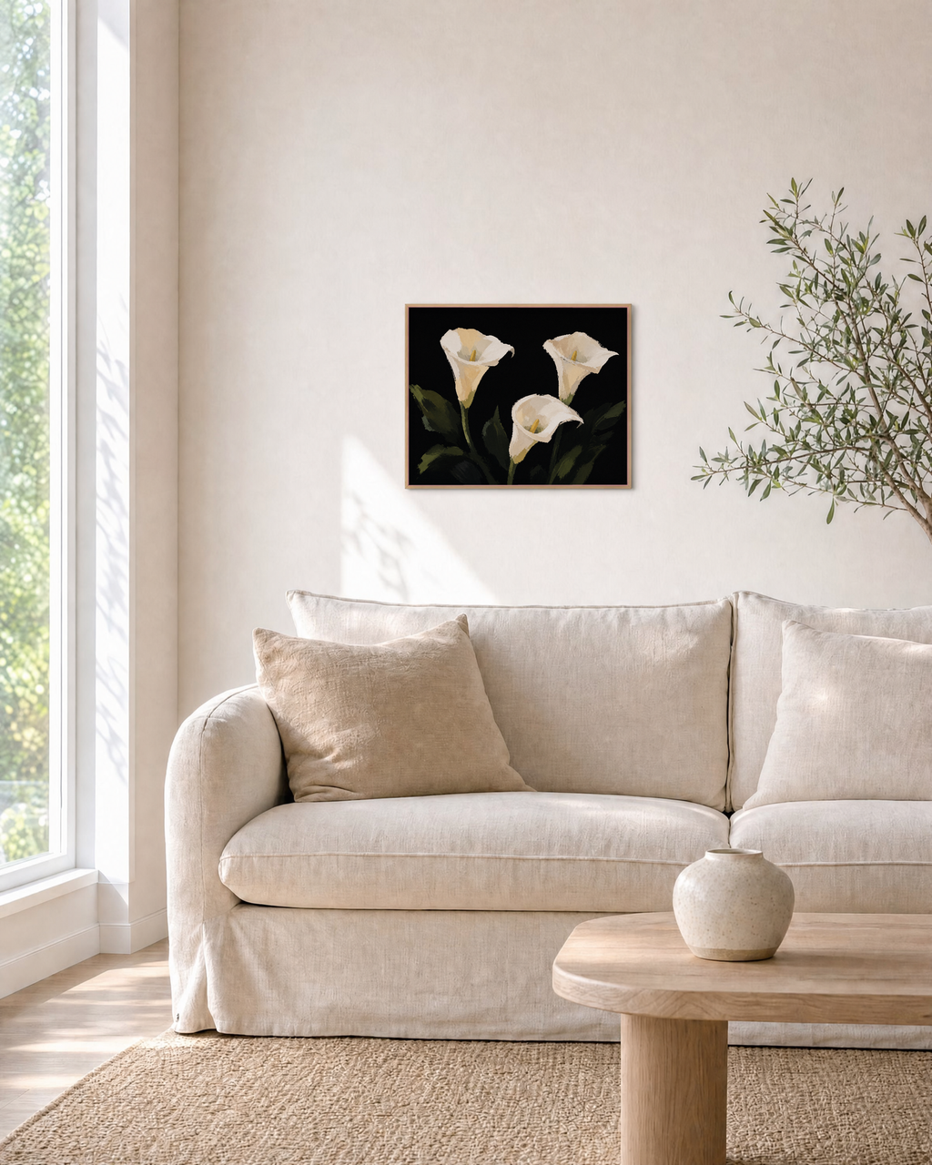 Night Callas cream calla lily wall art: unframed print is shown framed for styling in a living room; frame not included