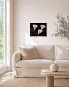 Night Callas cream calla lily wall art: unframed print is shown framed for styling in a living room; frame not included