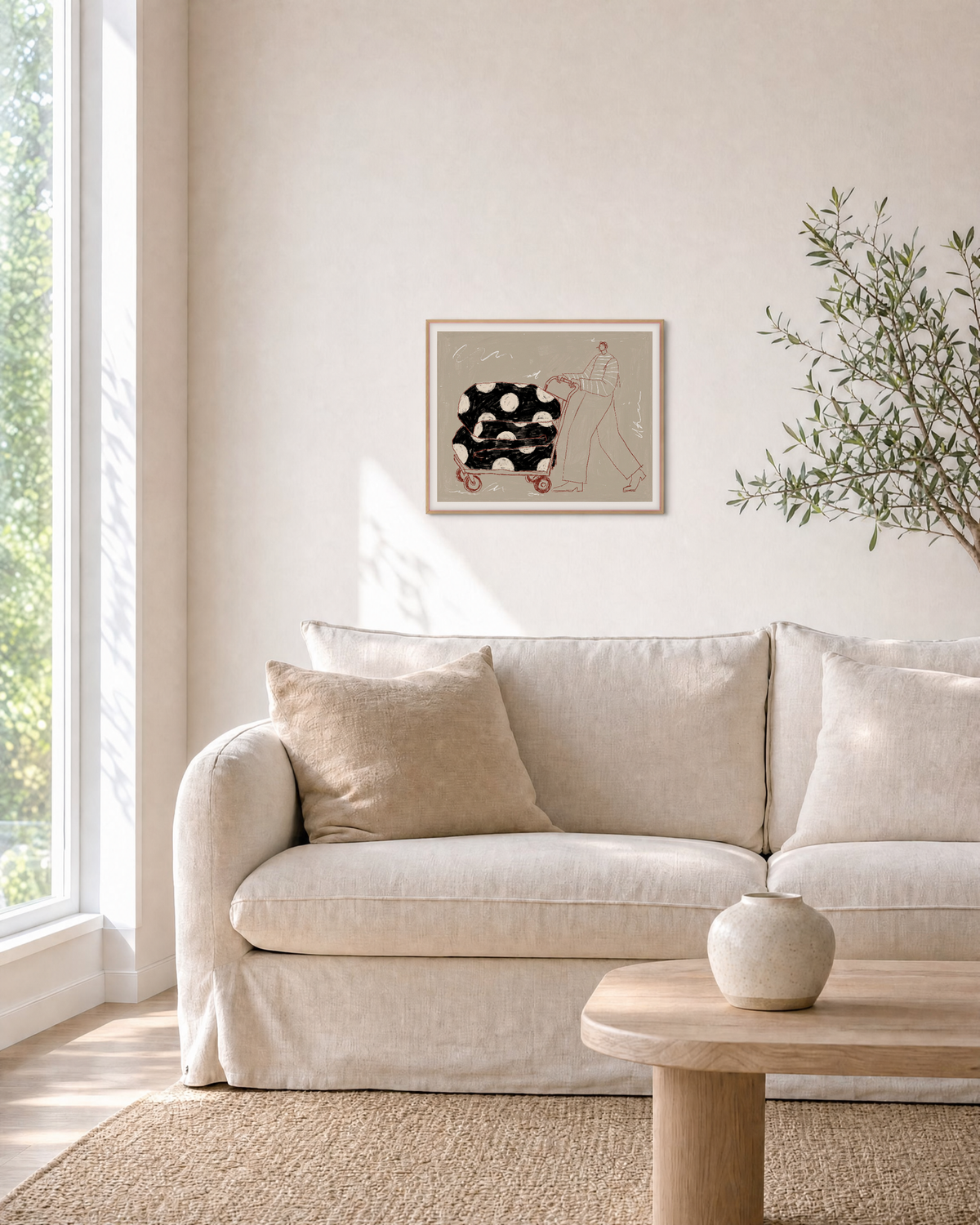 Walker with Patterned Cart fashion illustration wall art: unframed print is shown framed for styling in a living room; frame not included