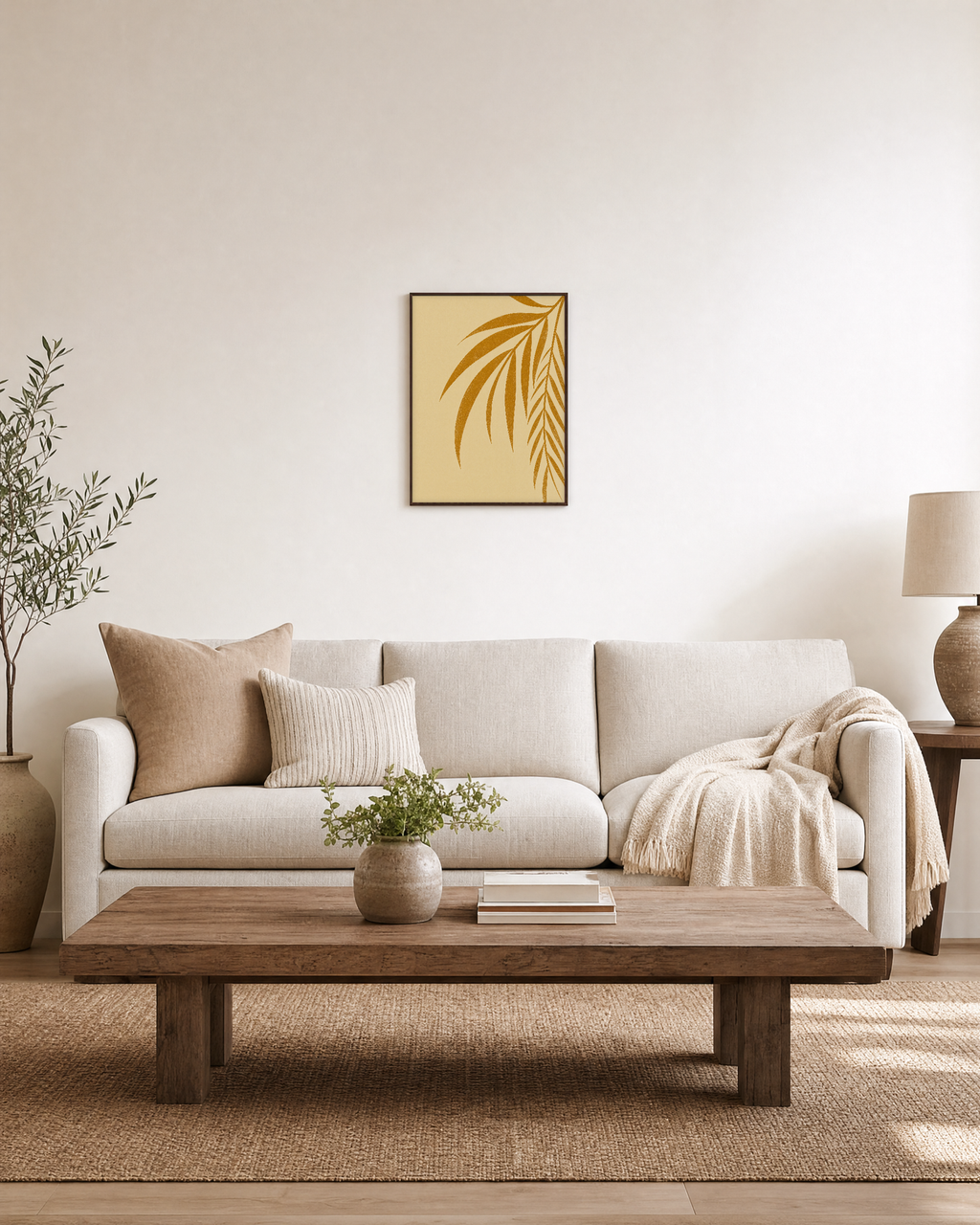 Twin Ochre Blades unframed print is shown framed for styling in a living room; frame not included
