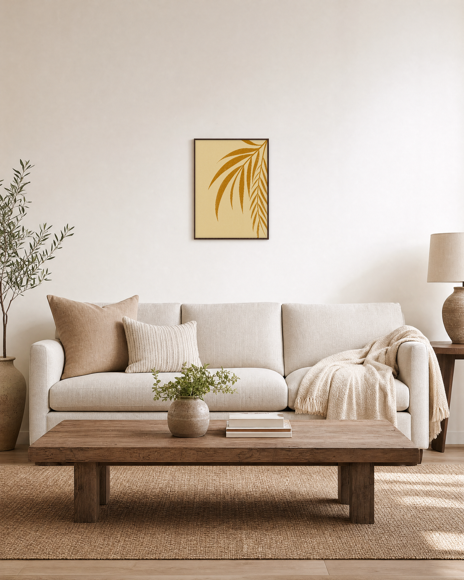 Twin Ochre Blades unframed print is shown framed for styling in a living room; frame not included