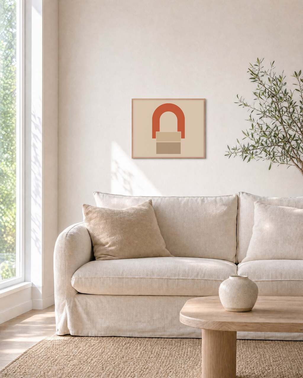 One Arch Two Rectangles unframed print is shown framed for styling in a living room; frame not included