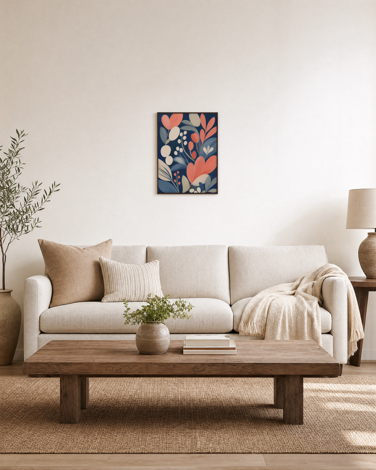 Coral Bloom floral vintage wall art: unframed print is shown framed for styling in a living room; frame not included