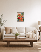 Rose Hour rose wall art: unframed print is shown framed for styling in a living room; frame not included
