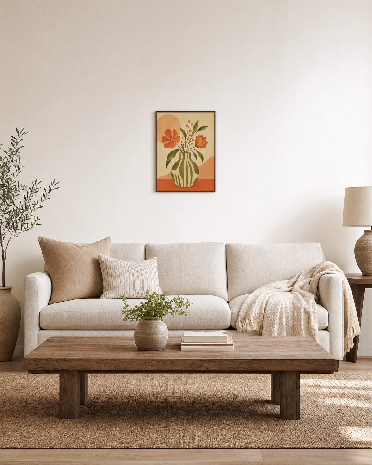 Table Bloom vintage floral illustration print: unframed print is shown framed for styling in a living room; frame not included