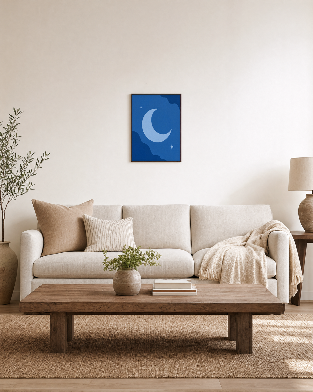 Blue Crescent unframed print is shown framed for styling in a living room; frame not included