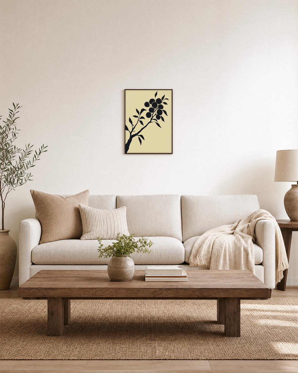 Diagonal Fruiting Branch fruiting branch silhouette wall art print: unframed print is shown framed for styling in a living room; frame not included