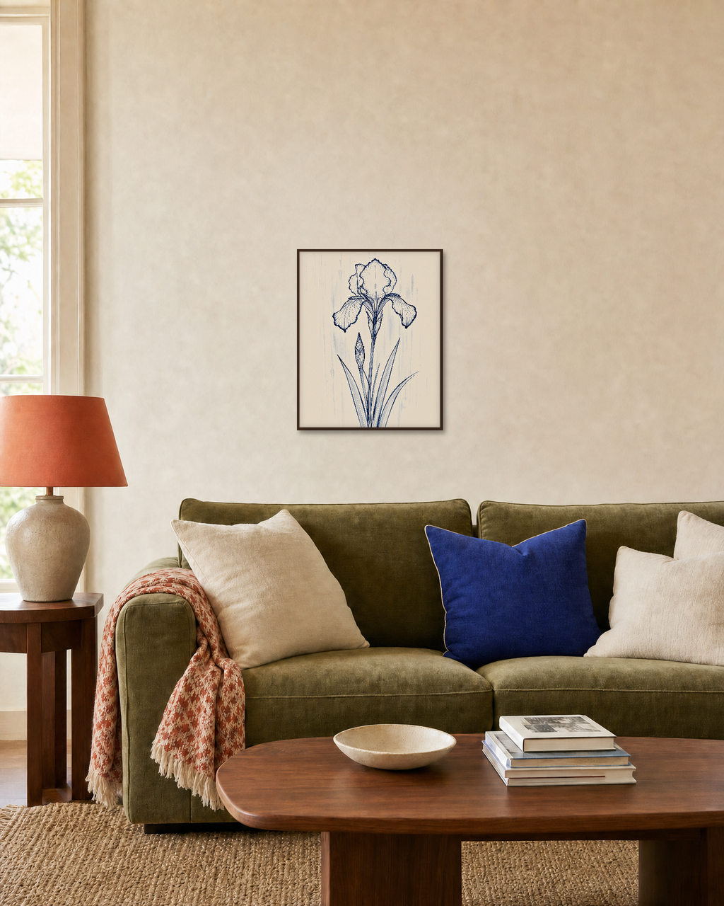 Ink Rain One Iris unframed print is shown framed for styling in a living room; frame not included