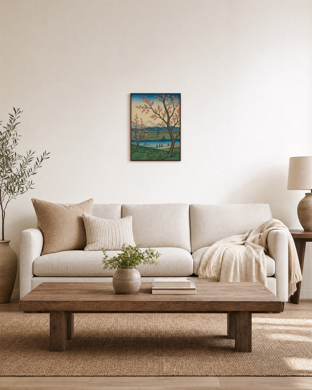 Pale Peak cherry blossom wall art: unframed print is shown framed for styling in a living room; frame not included