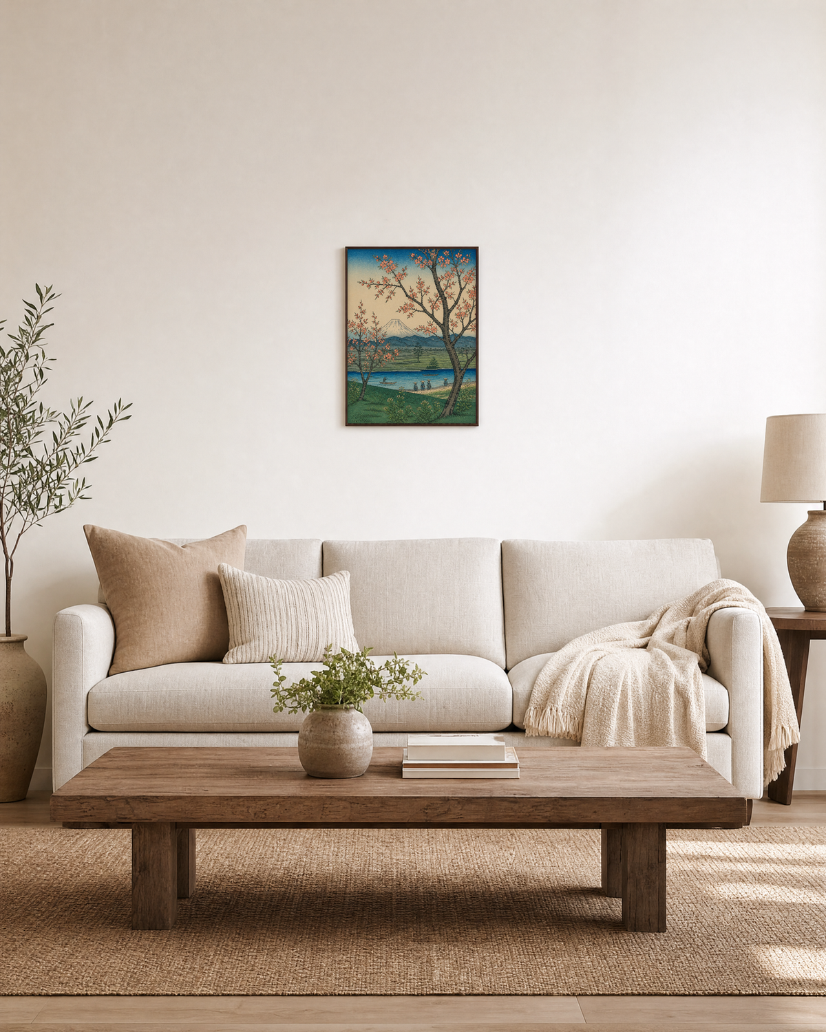Pale Peak cherry blossom wall art: unframed print is shown framed for styling in a living room; frame not included