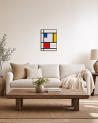 Blue Red Yellow Bar Grid Remap unframed print is shown framed for styling in a living room; frame not included