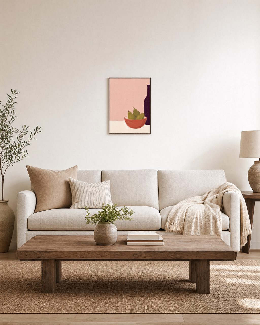 Red Vessel Cluster Studio edition unframed print is shown framed for styling in a living room; Frame not included