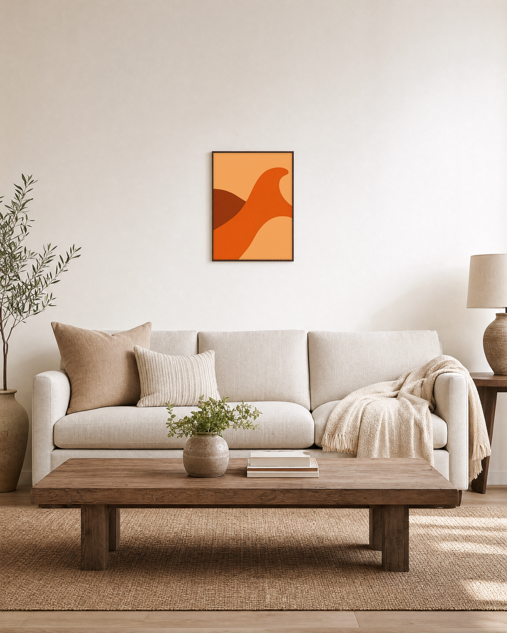 Dune Sweep unframed print is shown framed for styling in a living room; frame not included