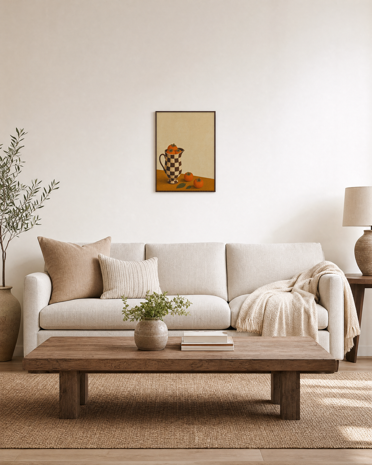 Checkered Persimmon Pitcher unframed print is shown framed for styling in a living room; frame not included