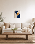 Two Navy Arcs One Ochre Disk unframed print is shown framed for styling in a living room; frame not included