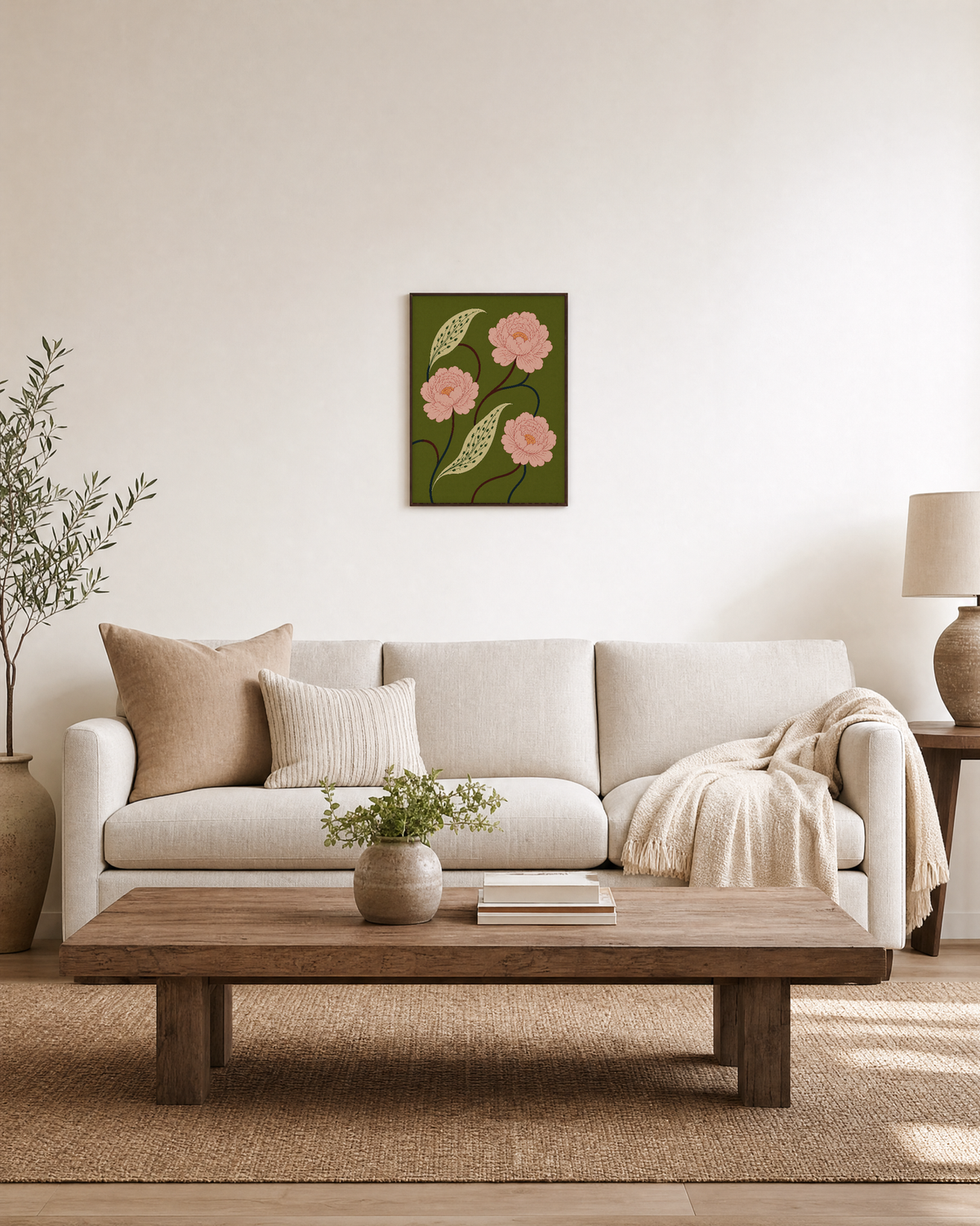 Peony Trio olive peony wall art: unframed print is shown framed for styling in a living room; frame not included